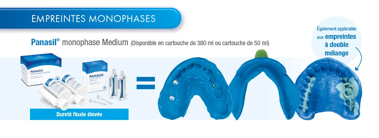 Panasil® monophase Medium (Disponible en cartouche de 380 ml ou cartouche de 50 ml) PANASIL MONOTRASE MEDIUM PANASIL Durete finale élevée Également applicable aux