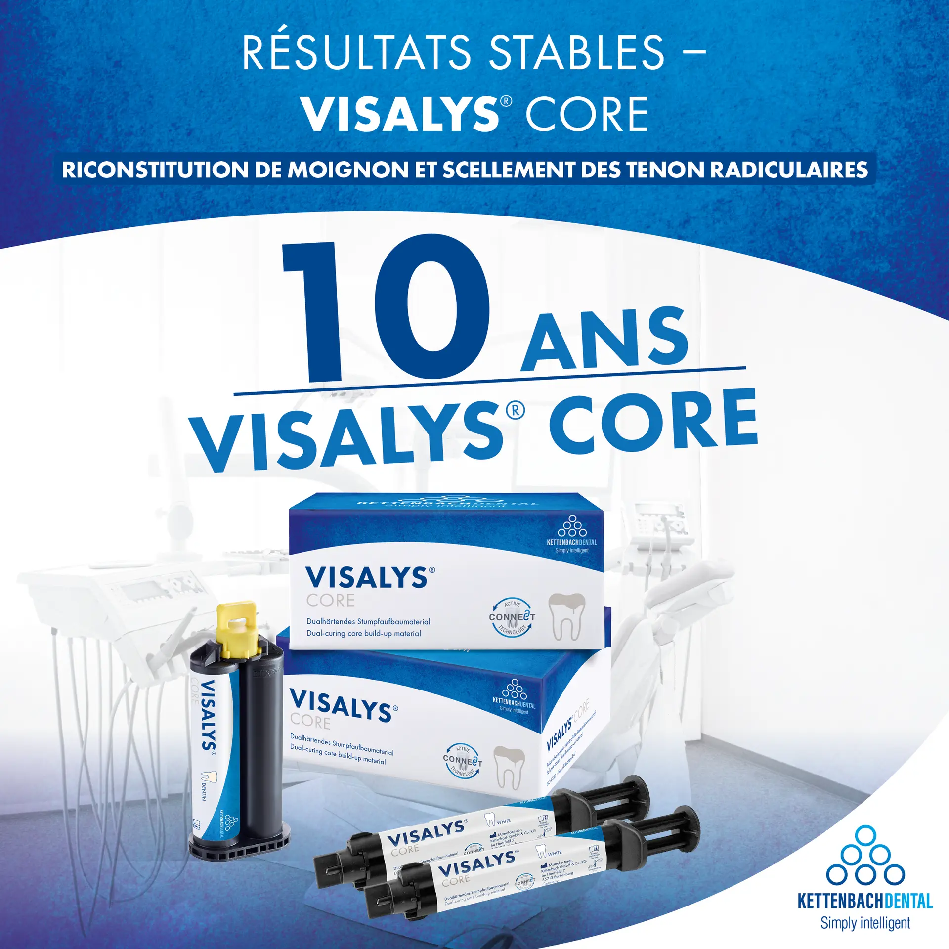 Résultats stables avec 10 ans de Visalys® Core. Reconstitution de moignon et scellement des tenon radiculaires.